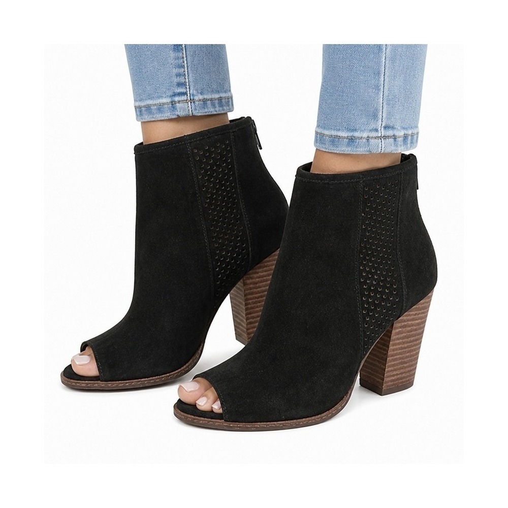 Gianni Bini Chunky Heel Ankle Boot Black Suede‎ US 8.5M Open Toe Booties